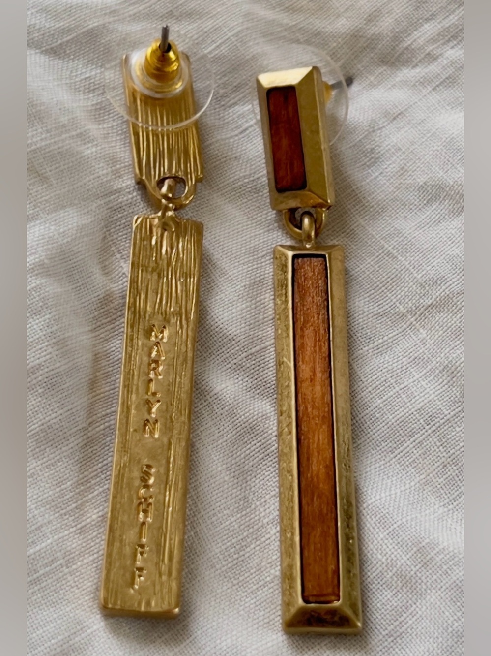 Marlyn Schiff VTG Gold Bark Textured Geometric Linear Bar Drop Earrings  2.25” L